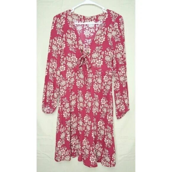 American Eagle Red Maroon Burgundy Cream Floral Cutout Boho Floral Dress - Picture 11 of 12